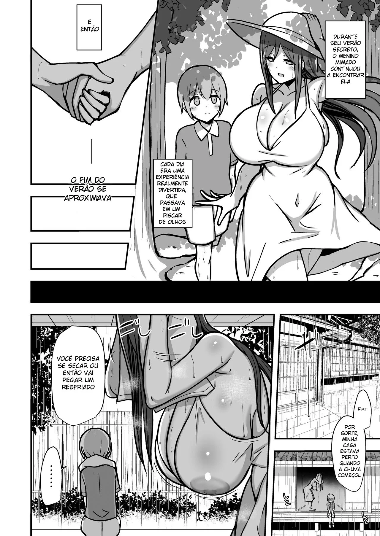 A Mulher de Vestido Branco e Um Jovem Se Abrigam Da Chuva E Fazem Perversões